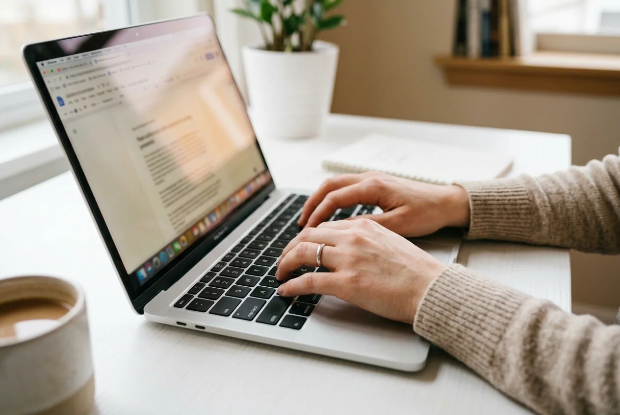Άτομο πληκτρολογεί σε laptop πάνω σε καθαρό λευκό γραφείο